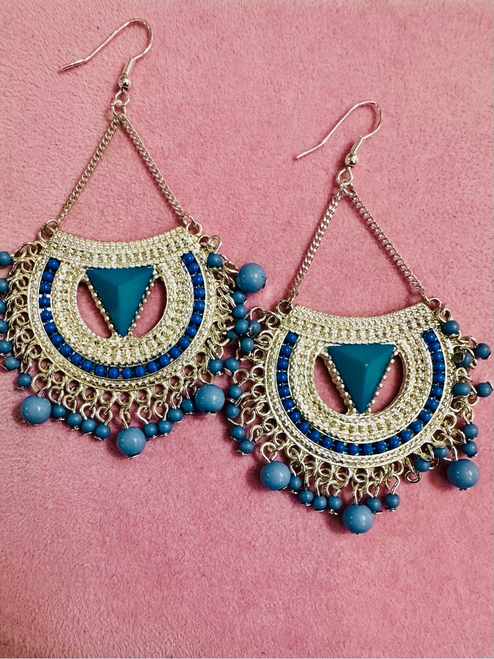 NWT Boho Blue Beaded Statement Chandelier Earrings